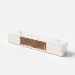 2200mm White Wood Rectangle TV Stand Sintered Stone Top 4-Drawer Glass Doors Cabinet - thumbnail 9