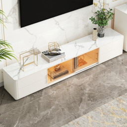 2200mm White Wood Rectangle TV Stand Sintered Stone Top 4-Drawer Glass Doors Cabinet - thumbnail 1
