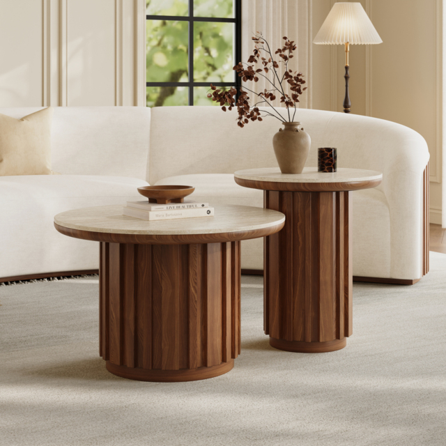 Aura 2 Piece Set Ash Wood Slatted Round Coffee Table with Sintered Stone Top ( 50 - 70 cm ) - image 1