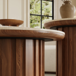 Aura 2 Piece Set Ash Wood Slatted Round Coffee Table with Sintered Stone Top ( 50 - 70 cm ) - thumbnail 9