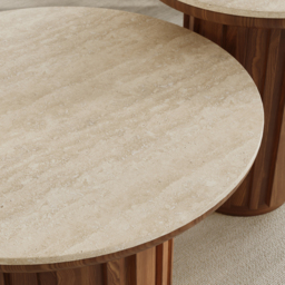 Aura 2 Piece Set Ash Wood Slatted Round Coffee Table with Sintered Stone Top ( 50 - 70 cm ) - thumbnail 8