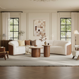 Aura 2 Piece Set Ash Wood Slatted Round Coffee Table with Sintered Stone Top ( 50 - 70 cm ) - thumbnail 4