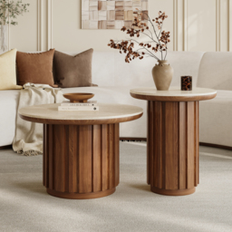Aura 2 Piece Set Ash Wood Slatted Round Coffee Table with Sintered Stone Top ( 50 - 70 cm ) - thumbnail 3