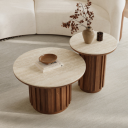 Aura 2 Piece Set Ash Wood Slatted Round Coffee Table with Sintered Stone Top ( 50 - 70 cm ) - thumbnail 2