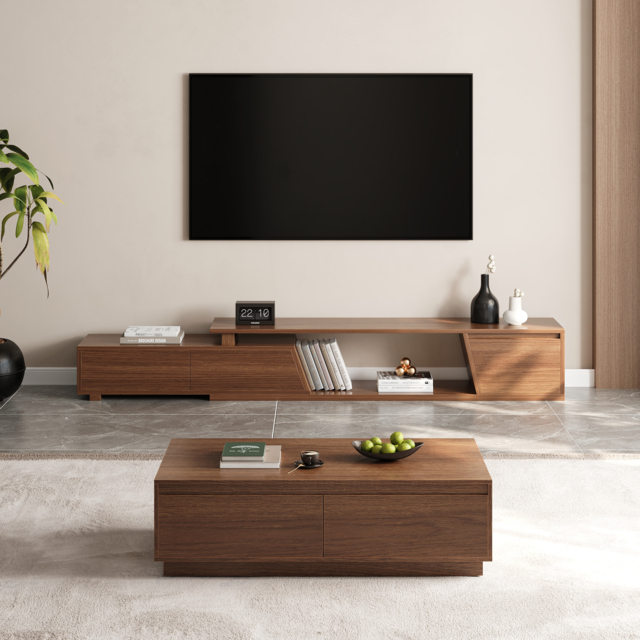 1194 mm Walnut Coffee Table Rectangular Block Living Room Table with Storage Walnut Rectangle Extendable TV Stand with 3 Drawers Up to 3048 mm - image 1