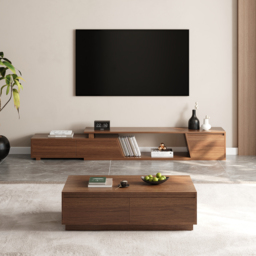 1194 mm Walnut Coffee Table Rectangular Block Living Room Table with Storage Walnut Rectangle Extendable TV Stand with 3 Drawers Up to 3048 mm