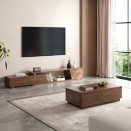 1194 mm Walnut Coffee Table Rectangular Block Living Room Table with Storage Walnut Rectangle Extendable TV Stand with 3 Drawers Up to 3048 mm - thumbnail 2