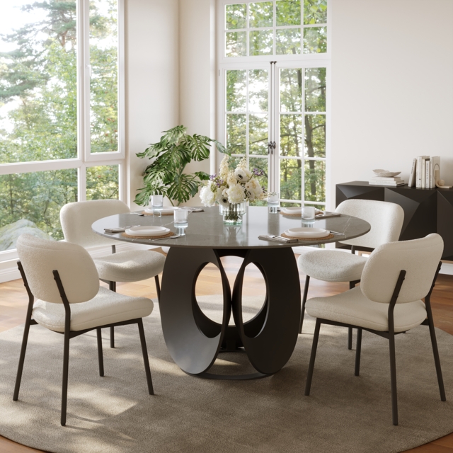 "51"" Round Gray Dining Table with Faux Marble Top & Carbon Steel Base"