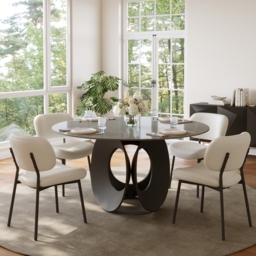 "51"" Round Gray Dining Table with Faux Marble Top & Carbon Steel Base" - thumbnail 1