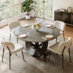 "51"" Round Gray Dining Table with Faux Marble Top & Carbon Steel Base" - thumbnail 3