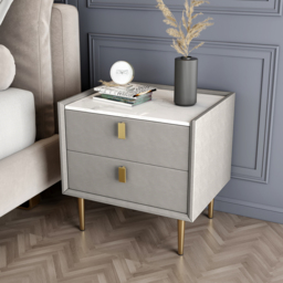 Modern PU Leather Bedside Table with 2 Drawers Bedside Table in Light Grey