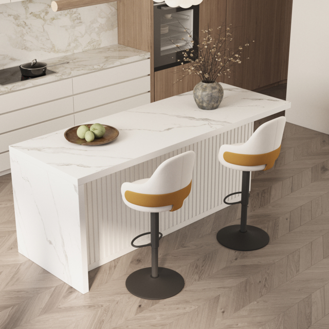 "72"" Large Kitchen Island & 2 Velvet Swivel Bar Stools Set Adjustable Height White with Marble Veneered Kitchen Cabinet" - image 1