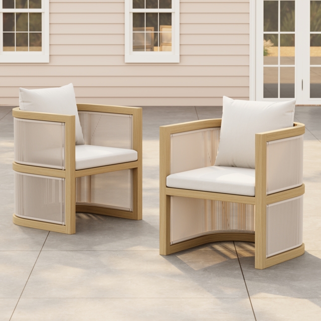 Wevara 2 Pieces Modern Aluminium & Ropes Outdoor Patio Dining Chair Set in Walnut & Oatmeal - image 1