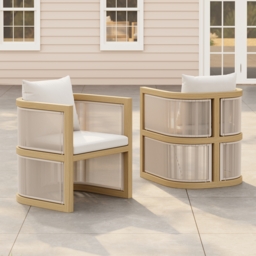 Wevara 2 Pieces Modern Aluminium & Ropes Outdoor Patio Dining Chair Set in Walnut & Oatmeal - thumbnail 2