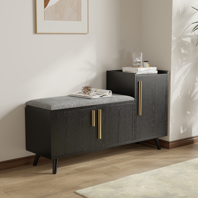 Shoe Storage Entryway Bench with Right-Side Cabinet Engineered Wood Shoe Rack in Black (120 cm) - image 1