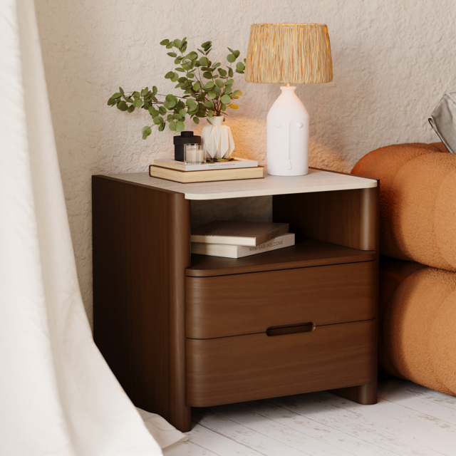 Modern Sintered Stone Top Bedside Table with Drawers & Shelf - image 1