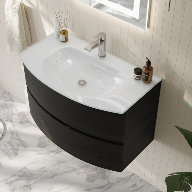 Modern 800mm Floating Bathroom Vanity with One-piece Glass Basin 2 Drawers in Black - image 1