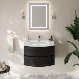 Modern 800mm Floating Bathroom Vanity with One-piece Glass Basin 2 Drawers in Black - thumbnail 2