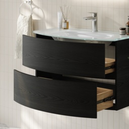 Modern 800mm Floating Bathroom Vanity with One-piece Glass Basin 2 Drawers in Black - thumbnail 9