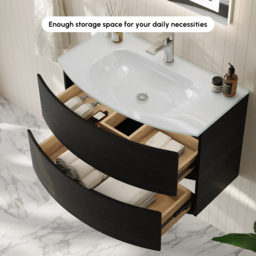 Modern 800mm Floating Bathroom Vanity with One-piece Glass Basin 2 Drawers in Black - thumbnail 4