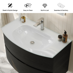 Modern 800mm Floating Bathroom Vanity with One-piece Glass Basin 2 Drawers in Black - thumbnail 6