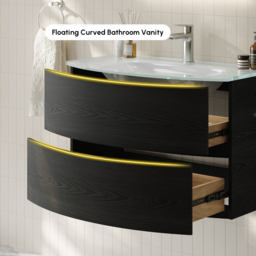 Modern 800mm Floating Bathroom Vanity with One-piece Glass Basin 2 Drawers in Black - thumbnail 5