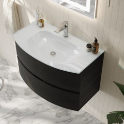 Modern 800mm Floating Bathroom Vanity with One-piece Glass Basin 2 Drawers in Black - thumbnail 1