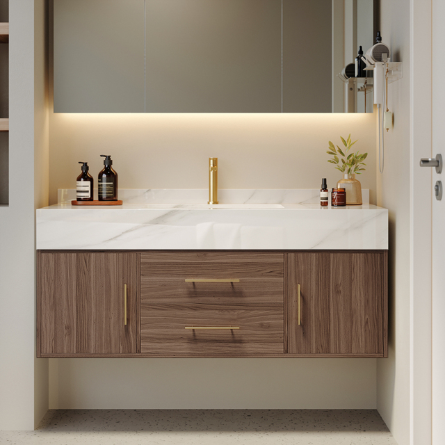 100 cm Walnut Floating Bathroom Vanity Set Stone Top Wall Mounted Bathroom Cabinet - image 1