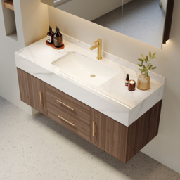 100 cm Walnut Floating Bathroom Vanity Set Stone Top Wall Mounted Bathroom Cabinet - thumbnail 4