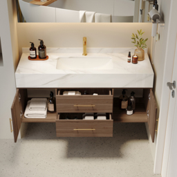 100 cm Walnut Floating Bathroom Vanity Set Stone Top Wall Mounted Bathroom Cabinet - thumbnail 6