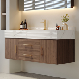 100 cm Walnut Floating Bathroom Vanity Set Stone Top Wall Mounted Bathroom Cabinet - thumbnail 2