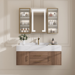 100 cm Walnut Floating Bathroom Vanity Set Stone Top Wall Mounted Bathroom Cabinet - thumbnail 3