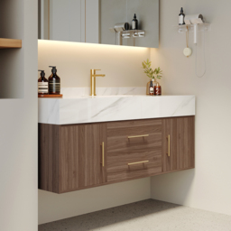 100 cm Walnut Floating Bathroom Vanity Set Stone Top Wall Mounted Bathroom Cabinet - thumbnail 5
