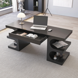Modern Black Writing Desk Office Desk with 1 Drawer & 4 Open Shelves Office Furniture (1630mm) - thumbnail 2