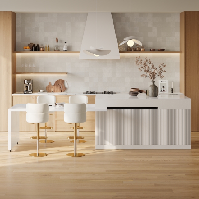 81''-112'' Modern Extendable White Sintered Stone Kitchen Island with Doors and Drawers - image 1