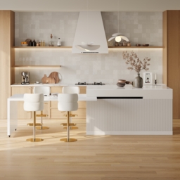 81''-112'' Modern Extendable White Sintered Stone Kitchen Island with Doors and Drawers