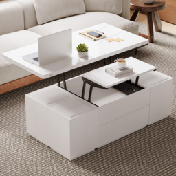 Modern White Lift Top Marble Coffee Table with Drawers & Storage Multifunction Table - thumbnail 3
