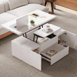 Modern White Lift Top Marble Coffee Table with Drawers & Storage Multifunction Table - thumbnail 1