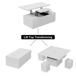 Modern White Lift Top Marble Coffee Table with Drawers & Storage Multifunction Table - thumbnail 7