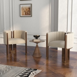 Modern Wood Accent Chair Beige Velvet Upholstered Arm Chair Set of 2 - thumbnail 3