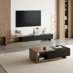 Living Room Cabinet Set Extendable TV Stand & Retracted Coffee Table Set