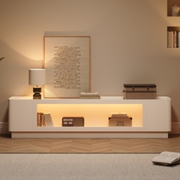 2000mm Glass Door TV Stand Mid Century Modern Wood Media Console with Storage & LED in White - thumbnail 2