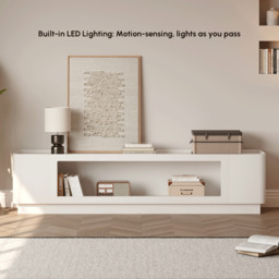 2000mm Glass Door TV Stand Mid Century Modern Wood Media Console with Storage & LED in White - thumbnail 3