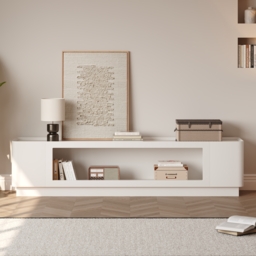 2000mm Glass Door TV Stand Mid Century Modern Wood Media Console with Storage & LED in White - thumbnail 9