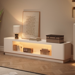 200 cm Glass Door TV Stand Mid Century Modern Wood Media Console with Storage & LED in White