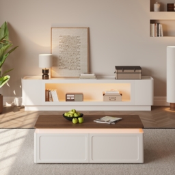 2000mm Glass Door TV Stand Mid Century Modern Wood Media Console with Storage & LED in White - thumbnail 7