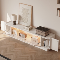 2000mm Glass Door TV Stand Mid Century Modern Wood Media Console with Storage & LED in White - thumbnail 4