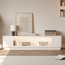 2000mm Glass Door TV Stand Mid Century Modern Wood Media Console with Storage & LED in White - thumbnail 8