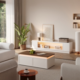 2000mm Glass Door TV Stand Mid Century Modern Wood Media Console with Storage & LED in White - thumbnail 5