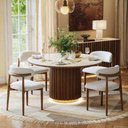 Dining Set 120 cm Round Faux Travertine Sintered Stone Dining Table with 4 Chairs - thumbnail 3